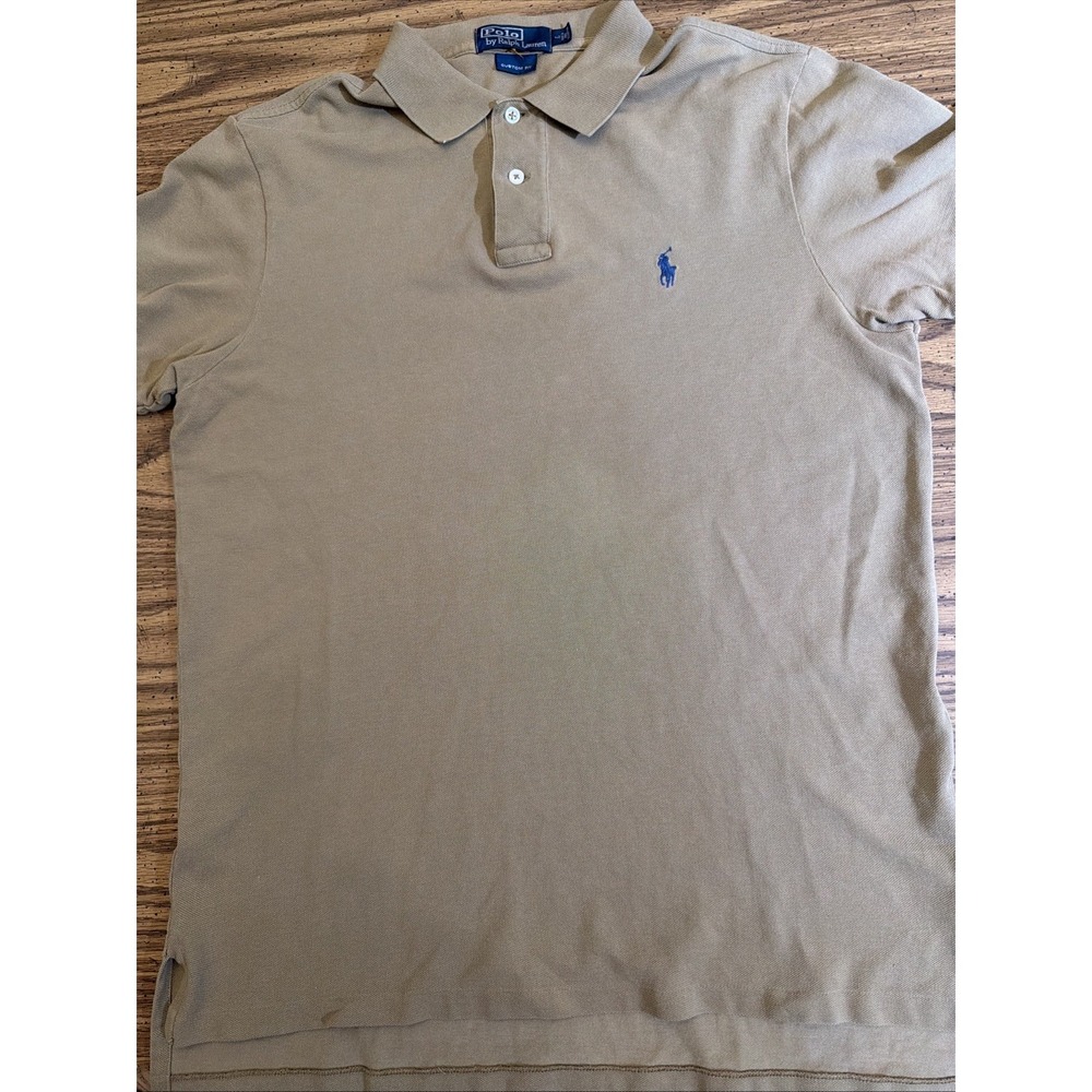 Polo Ralph Lauren Mens Custom Fit Polo Shirt Tan Navy Pony Size L